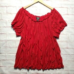 Objects D'Art Shirt Womens 3X Red Textured Ruffle Sheer Stretch Peasant Boho